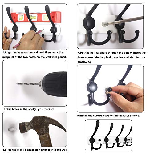 WEBI Coat Rack Wall Mounted,5 Coat Hooks for Hanging Coats,Heavy Duty Metal Double Hook Rack Hook Rail Wall Coat Rack with Hooks Coat Hanger Wall Mount for Clothes Entryway Jacket,Black - Image 5