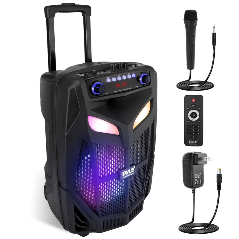 Pyle Portable Bluetooth PA Speaker System800W 12 IndoorOutdoor Bluetooth Speaker Portable PA SystemParty Lights USB SD Card ReaderFM Radio Rolling WheelsWireless microphoneRemote PPHP121WMB