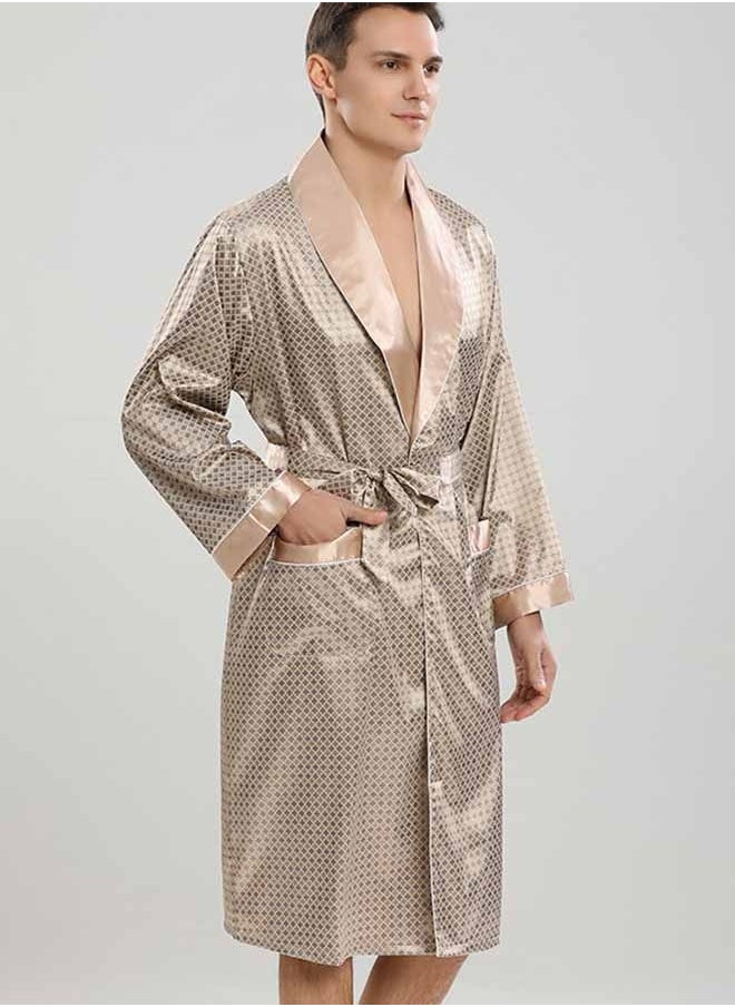 Ocean - Men's Satin Robe Super Lightweight Kimono (Khaki), V-Neck Print Design,Fashionable And High-End, with Simple Pockets, Practical And Beautiful, Suitable for Wearing At Home And Business Trip - Image 1