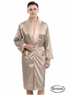 Men's Satin Robe Super Lightweight Kimono (Khaki), V-Neck Print Design,Fashionable And High-End, with Simple Pockets, Practical And Beautiful, Suitable for Wearing At Home And Business Trip