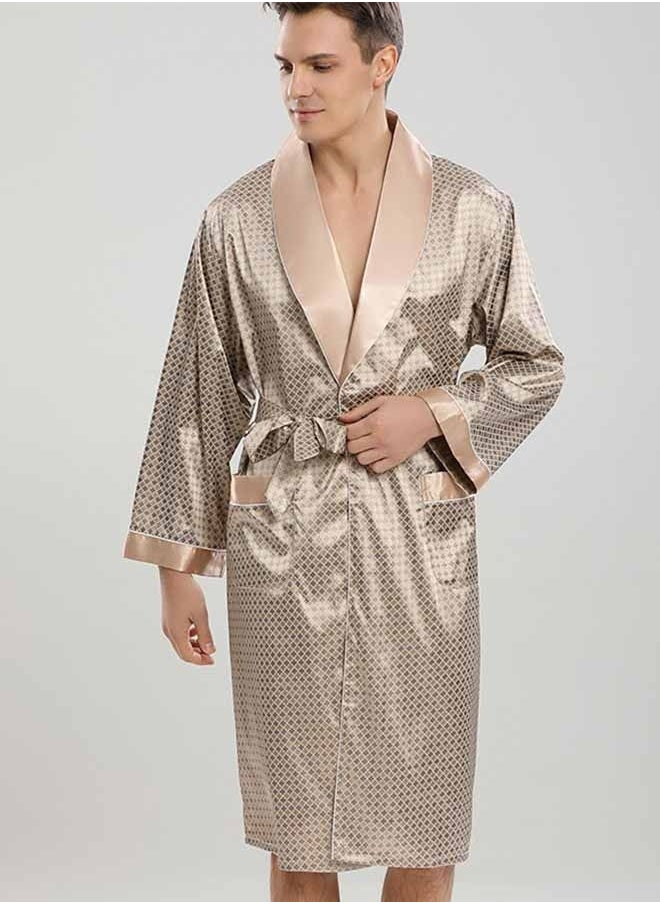 Ocean - Men's Satin Robe Super Lightweight Kimono (Khaki), V-Neck Print Design,Fashionable And High-End, with Simple Pockets, Practical And Beautiful, Suitable for Wearing At Home And Business Trip - Image 1