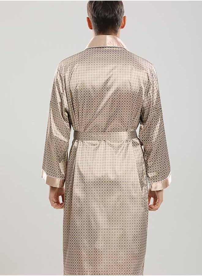 Ocean - Men's Satin Robe Super Lightweight Kimono (Khaki), V-Neck Print Design,Fashionable And High-End, with Simple Pockets, Practical And Beautiful, Suitable for Wearing At Home And Business Trip - Image 1