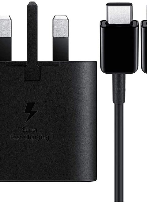 شاحن فائق السرعة 25 وات PD 3.0 بمقبس المملكة المتحدة مع كابل من النوع C إلى النوع C لهاتف Samsung Galaxy S24 Ultra S23 S22 S21 S20 S10 Note 20 Ultra Note 10
