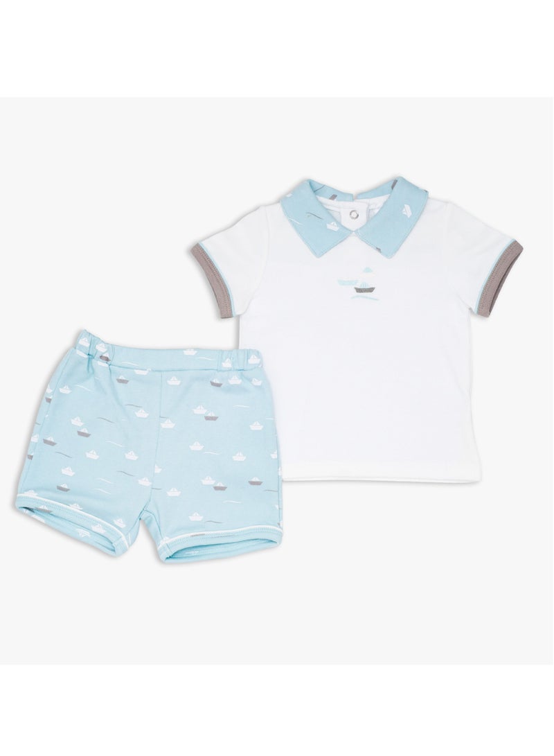 Moon تي شيرت وشورت MOON مصنوعان من القطن بنسبة 100%، مقاس 6-9 أشهر، أزرق مخضر - Little Boat - Image 1