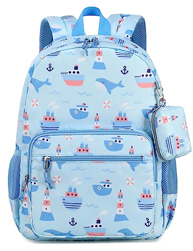 mygreen Toddler Backpack for School Boys Girls, Kids Medium School Bag 15 inch Cute Marine Baby Pattern-Steamship Whale and Lighthouse Light Blue - Image 1