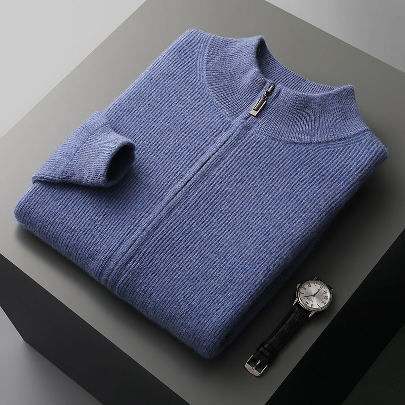 Autumn Winter Mens Wool Cardigan Zip Sweater Noble Blue