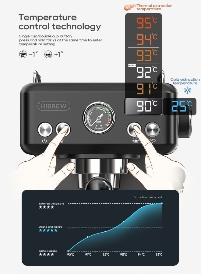 هيبرو ماكينة قهوة إسبريسو نصف أوتوماتيكية HiBREW بقوة 20 بار، قابلة لتعديل درجة الحرارة، مزودة بحامل فلتر 58 مم، لتحضير القهوة الباردة/الساخنة، هيكل معدني H10A-BK - Image 2