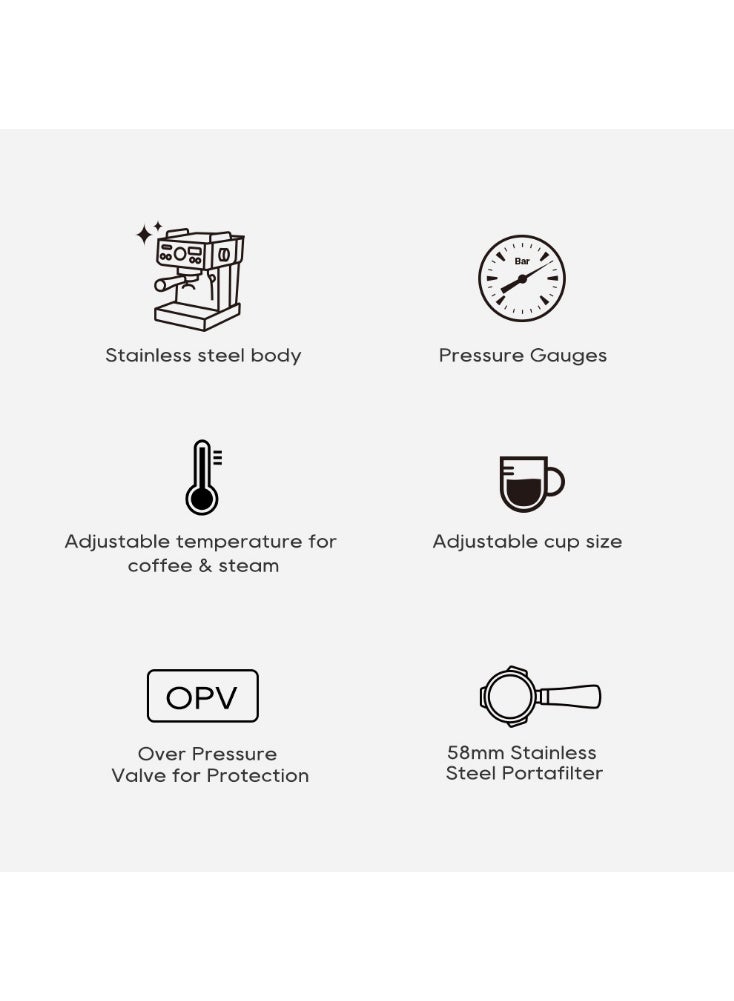 هيبرو ماكينة قهوة إسبريسو نصف أوتوماتيكية HiBREW بقوة 20 بار، قابلة لتعديل درجة الحرارة، مزودة بحامل فلتر 58 مم، لتحضير القهوة الباردة/الساخنة، هيكل معدني H10A-BK - Image 3