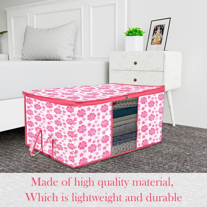 Kuber Industries Underbed Storage Bag Clothes Storage Bag Blanket Cover with Clear Window Zipper Closure Handle Cloth Organizer FlowerDesign Large Pack of 6 Pink - Image 2