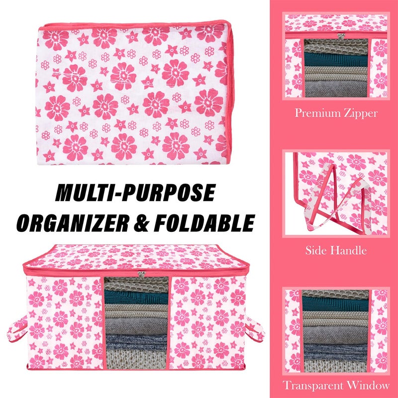 Kuber Industries Underbed Storage Bag Clothes Storage Bag Blanket Cover with Clear Window Zipper Closure Handle Cloth Organizer FlowerDesign Large Pack of 6 Pink - Image 4