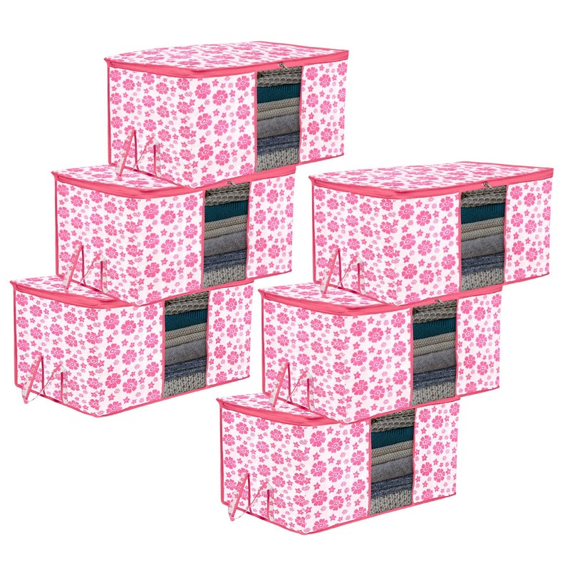 Kuber Industries Underbed Storage Bag Clothes Storage Bag Blanket Cover with Clear Window Zipper Closure Handle Cloth Organizer FlowerDesign Large Pack of 6 Pink - Image 1