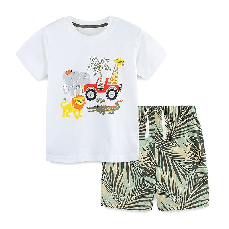 Summer 2025 Boys suit European and American Style Printed Childrens Short-sleeved Two-piece Set Childrens Cotton Pullover Top 2270