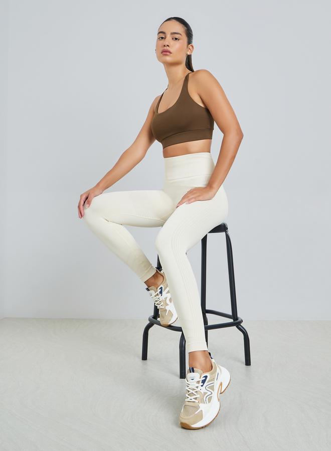 Styli Active Cream Tonal Side Rib Panel Back Scrunch Leggings - Image 2
