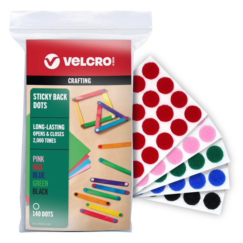 Velcro Brand Dots with Adhesive Color Assortment 140 Sets of 58 Inch Hook and Loop Circles for Teacher Resources Scrapbooks Posters DIY Craft Kits and Home or School Organization Projects