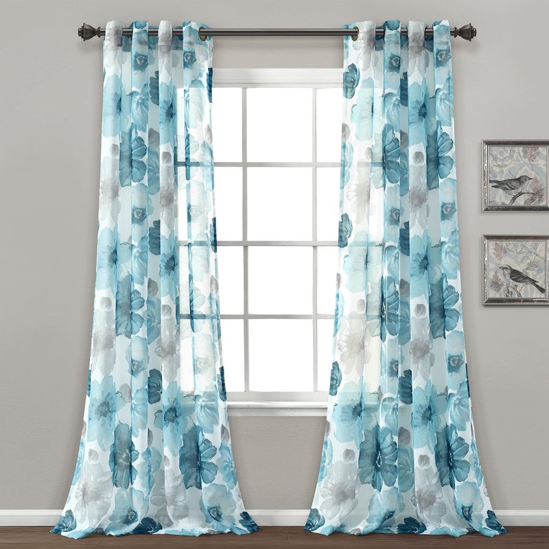 Lush Decor Leah Room Darkening Window Curtain Panel Pair Floral Insulated Grommet, 52"W x 84"L, Blue - Image 1
