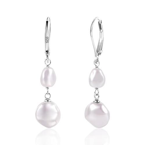 Lancharmed Silver Pearl Dangle Earrings for Women 925 Sterling Silver Double Pearl Drop Earrings Hypoallergenic Leverback Baroque Irregular Pearls Earring - Image 1