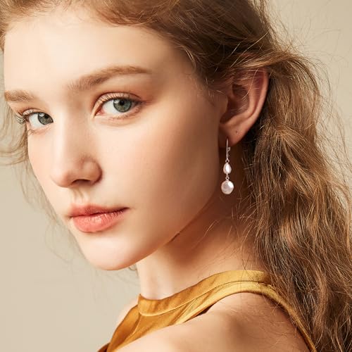 Lancharmed Silver Pearl Dangle Earrings for Women 925 Sterling Silver Double Pearl Drop Earrings Hypoallergenic Leverback Baroque Irregular Pearls Earring - Image 2