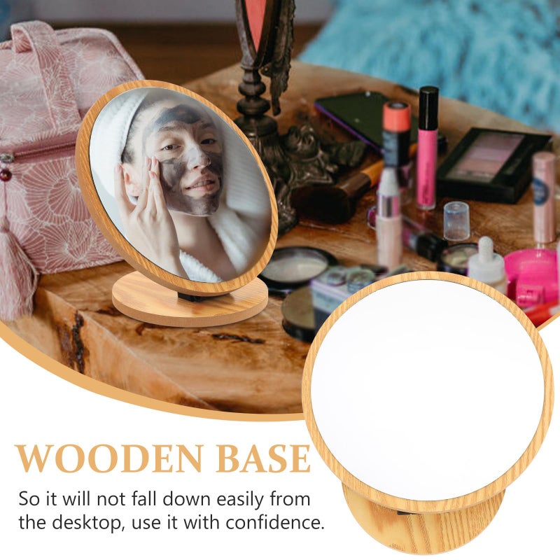 Wooden Frame Makeup Mirror 24cm Round Vanity Cosmetic Mirror for Bathroom and Bedroom - Image 4