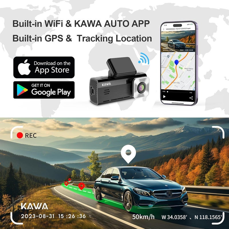 كاوا كاميرا داش كام KAWA True 4K أمامية وخلفية، 2160P واي فاي مع بطاقة SD سعة 64 جيجابايت، رؤية ليلية ملونة AI-IPS، نظام GPS مدمج، مستشعر G مزدوج، شاشة IPS مقاس 3.16 بوصة، تسجيل حلقي، وضع الانتظار 24 ساعة، D10 - Image 5