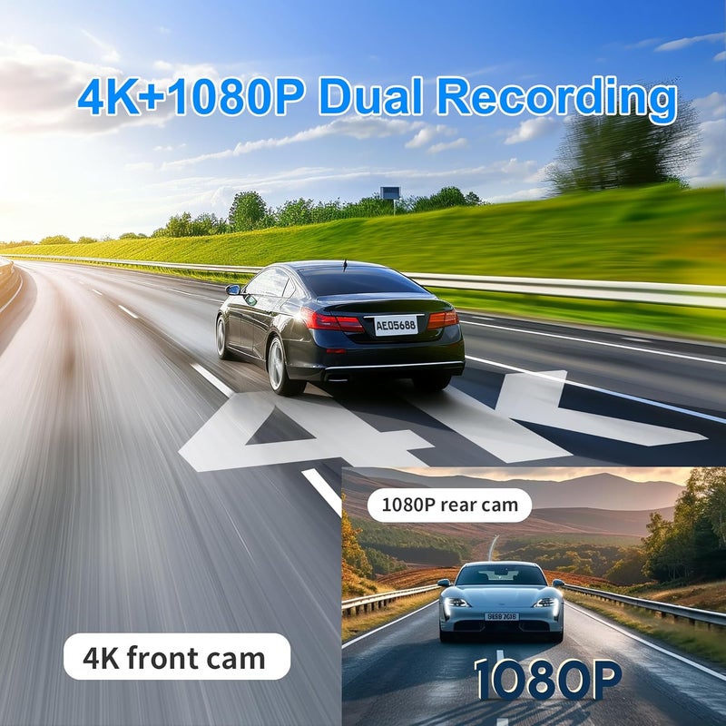 كاوا كاميرا داش كام KAWA True 4K أمامية وخلفية، 2160P واي فاي مع بطاقة SD سعة 64 جيجابايت، رؤية ليلية ملونة AI-IPS، نظام GPS مدمج، مستشعر G مزدوج، شاشة IPS مقاس 3.16 بوصة، تسجيل حلقي، وضع الانتظار 24 ساعة، D10 - Image 4