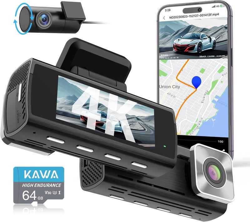 كاوا كاميرا داش كام KAWA True 4K أمامية وخلفية، 2160P واي فاي مع بطاقة SD سعة 64 جيجابايت، رؤية ليلية ملونة AI-IPS، نظام GPS مدمج، مستشعر G مزدوج، شاشة IPS مقاس 3.16 بوصة، تسجيل حلقي، وضع الانتظار 24 ساعة، D10 - Image 1