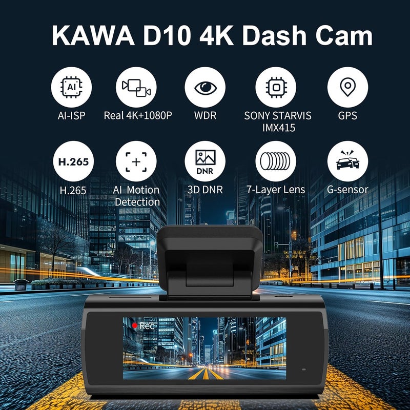 كاوا كاميرا داش كام KAWA True 4K أمامية وخلفية، 2160P واي فاي مع بطاقة SD سعة 64 جيجابايت، رؤية ليلية ملونة AI-IPS، نظام GPS مدمج، مستشعر G مزدوج، شاشة IPS مقاس 3.16 بوصة، تسجيل حلقي، وضع الانتظار 24 ساعة، D10 - Image 3