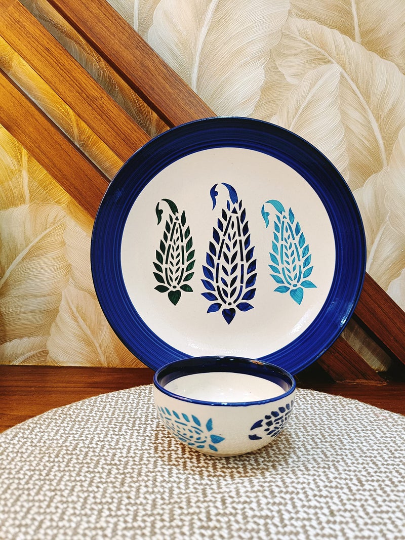 Caffeine Ceramic Handmade Blue Boota Combo Dinner Set (Set of 4) - Image 3