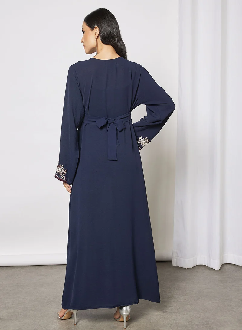 Hayat Jalabiya With Flower  Patterned Embroidery In Front And Wrist With Belt