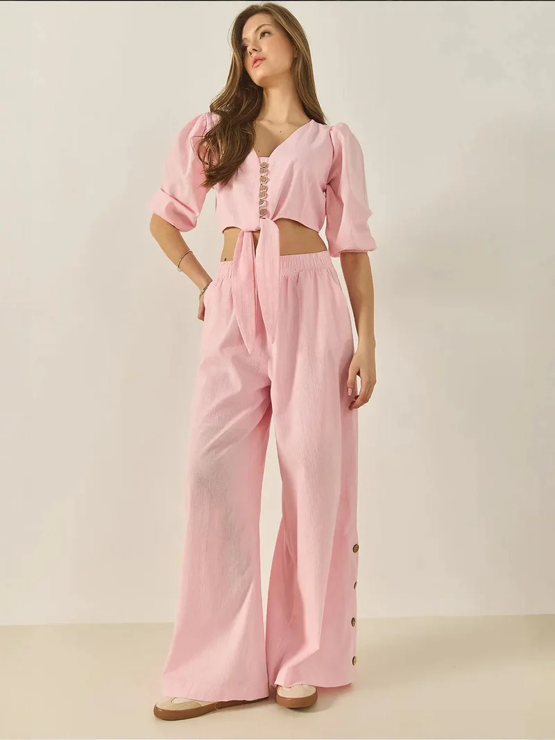 LUCCI Textured V-Neck Long Sleeve Two-Piece Coord Set