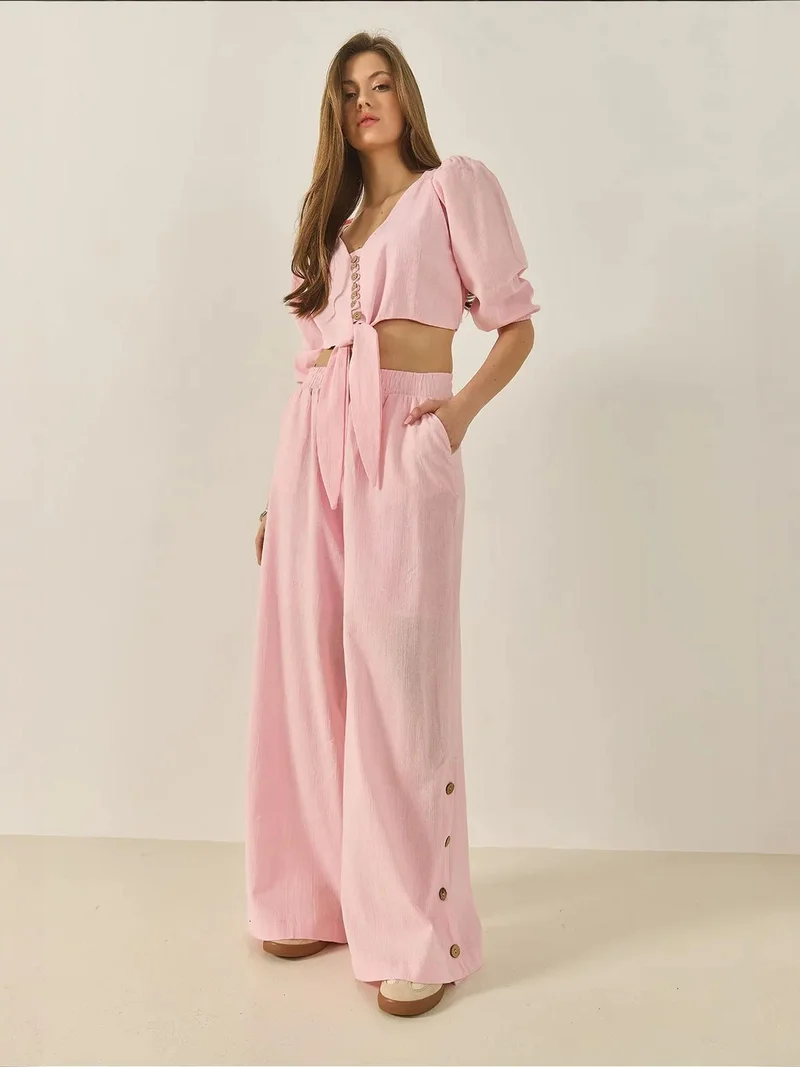 Bianco Lucci LUCCI Textured V-Neck Long Sleeve Two-Piece Coord Set