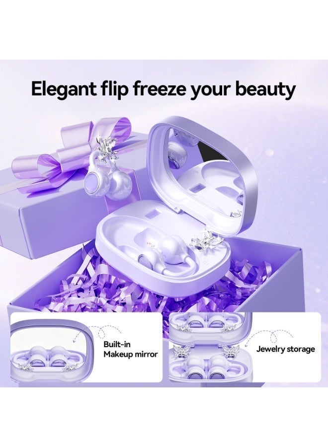 caijin Clip On Earbuds Open Ear Headphones Wireless Bluetooth 6.0 with Sparkle Butterfly Earrings,Earring-in Storage Case with Mirror and LED Display,Ideal for Women,Girls(black) - Image 5