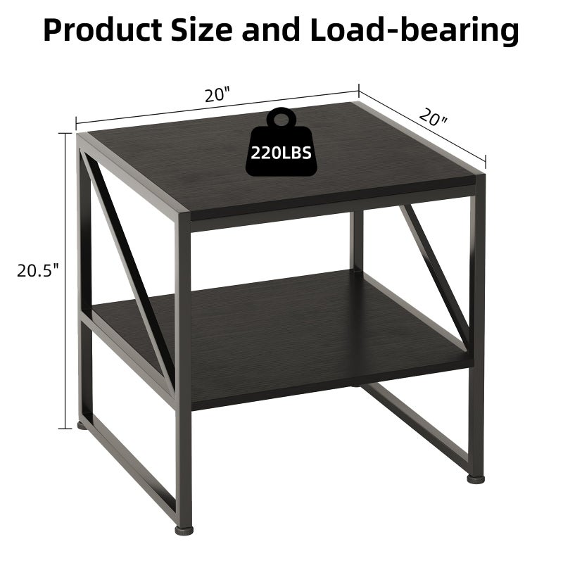 Mexin 20 Inch Square End Table, Mini Fridge Stand with 2-Tier Storage Shelf, High Load Capacity Side Table for Living Room Bedroom, Black - Image 2
