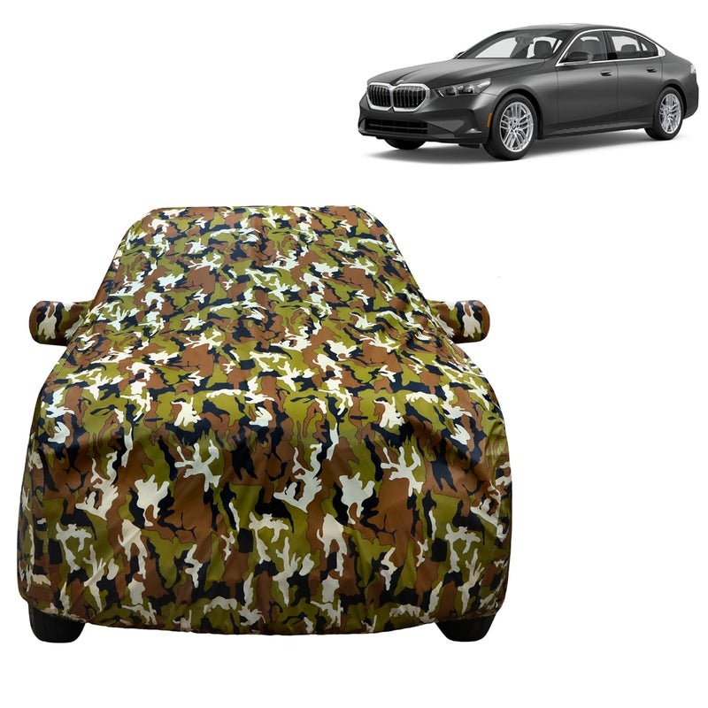 VYAS 100% Waterproof Car Body Cover for BMW 5 Series with Mirror Pocket Triple Stitched Belt & Buckle Fitting Dual Elastic, Durable Material Jungle Print Camouflage Design - Image 1