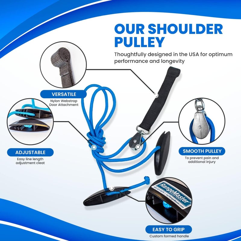RangeMaster BlueRanger Over the Door Shoulder Pulley, Shoulder Pulley for Physical Therapy, Aids Pain Free Range of Motion in Frozen Shoulder, Adjustable Cleated Handles, Web Strap (FSA/HSA) - Image 2