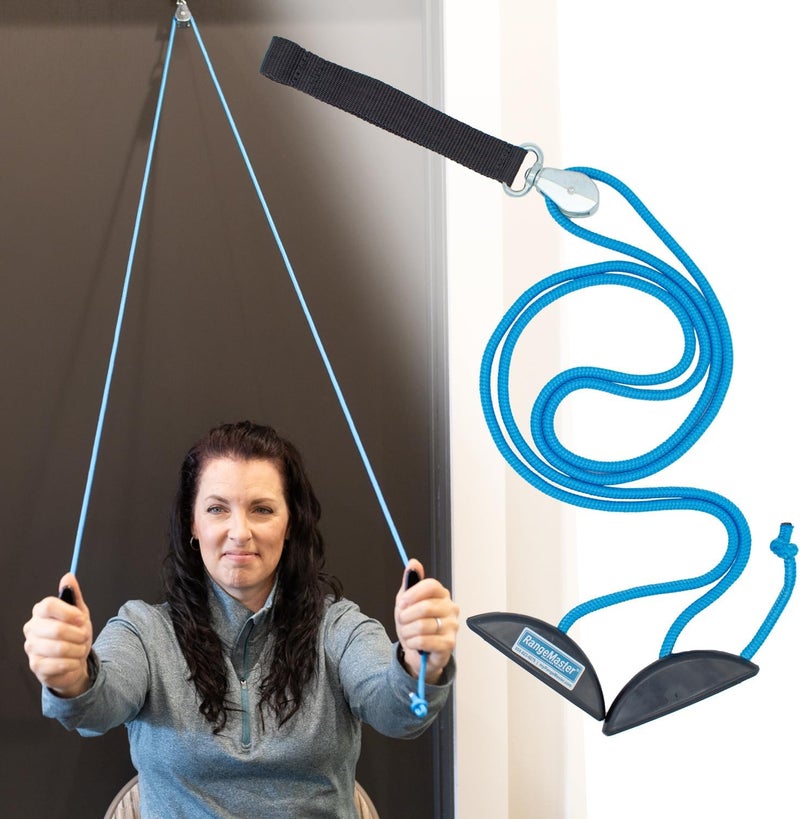 RangeMaster BlueRanger Over the Door Shoulder Pulley, Shoulder Pulley for Physical Therapy, Aids Pain Free Range of Motion in Frozen Shoulder, Adjustable Cleated Handles, Web Strap (FSA/HSA) - Image 1