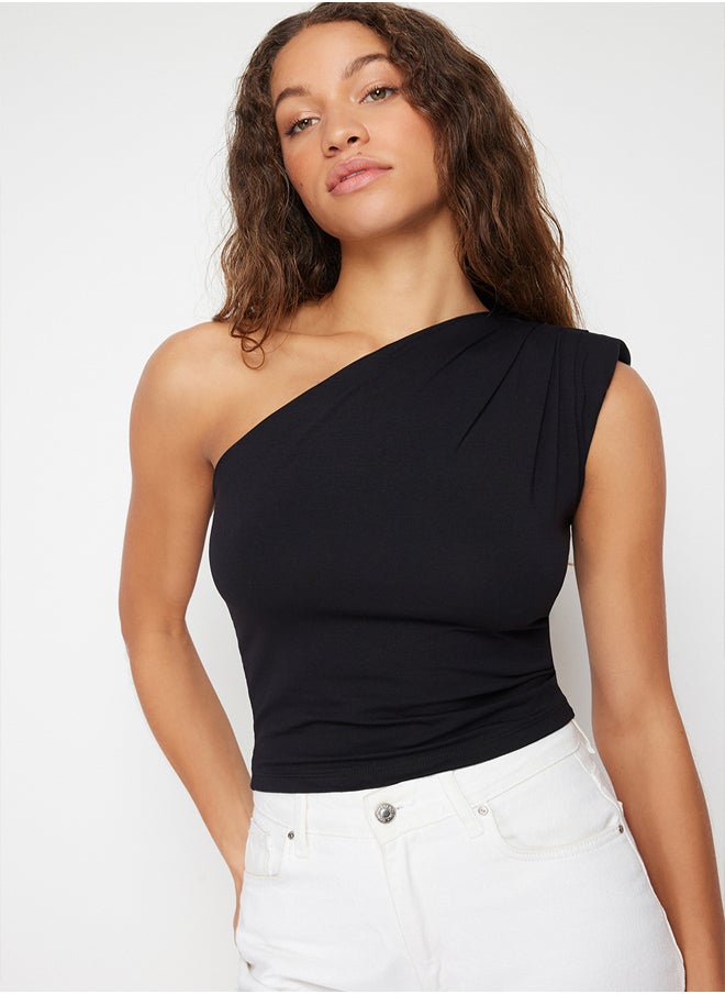 trendyol - Black Asymmetric One-Shoulder Waistband Elastic Knitted Blouse TWOSS24BZ00133 - Image 1