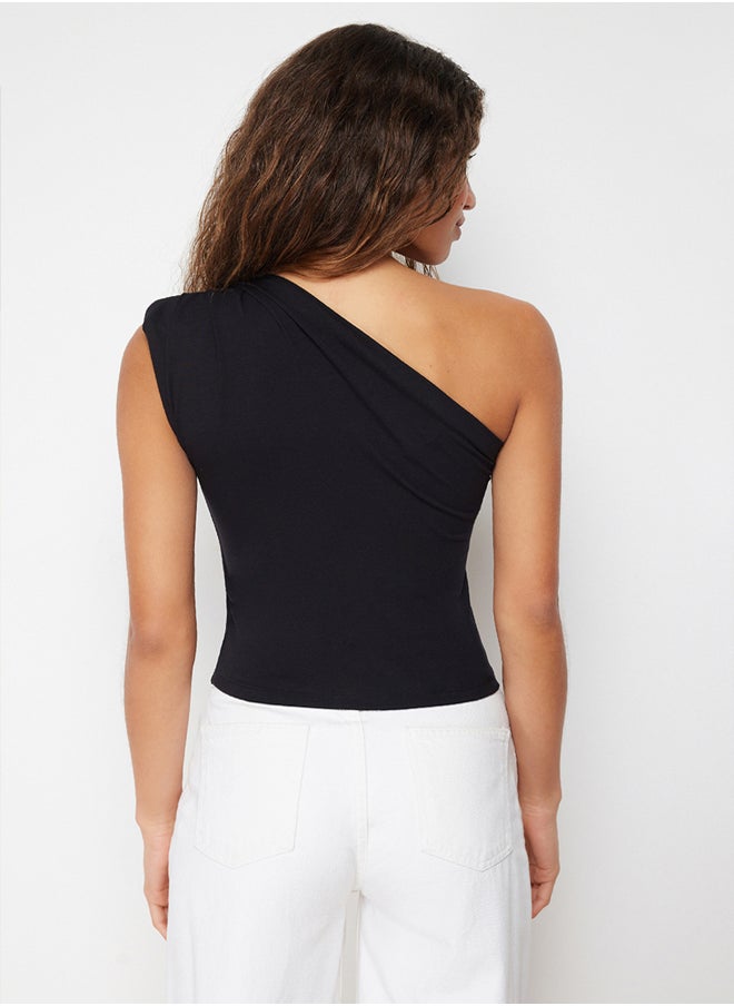 trendyol - Black Asymmetric One-Shoulder Waistband Elastic Knitted Blouse TWOSS24BZ00133 - Image 1