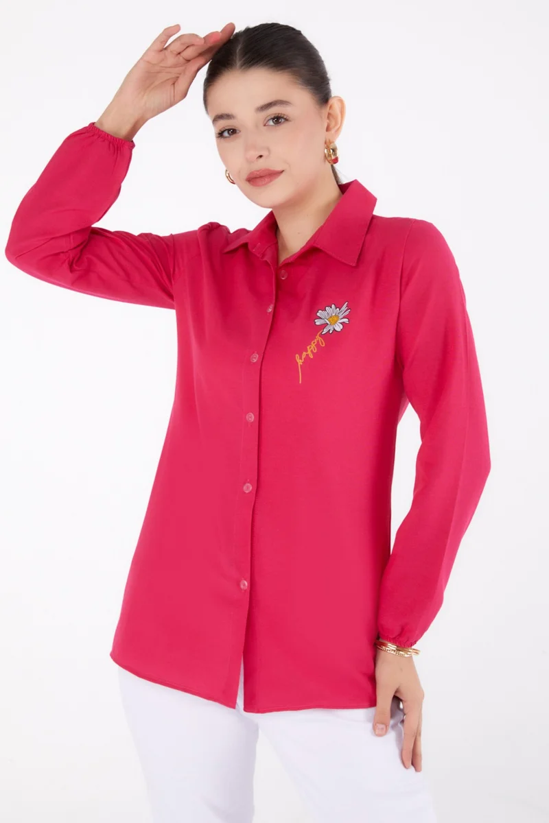 Tofisa Plain Shirt Collar Women's Fuchsia Printed Shirt - 13343