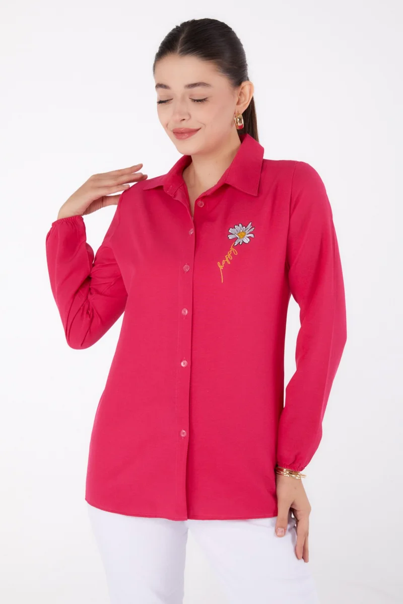 Tofisa Plain Shirt Collar Women's Fuchsia Printed Shirt - 13343