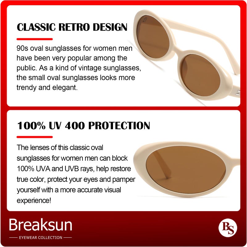 Breaksun Retro Oval Sunglasses for Women Men Fashion Small Oval Sunglasses 90s Vintage Shades (Beige/Brown) - Image 4