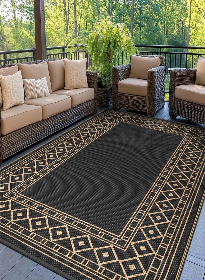 GENIMO سجادة خارجية مقاومة للماء من جينيمو، مقاس 6 × 9 أقدام، مناسبة للفناء، قابلة للطي والاستخدام على الوجهين، مصنوعة من قش بلاستيكي، مثالية للمقطورات السياحية، وسجادة خارجية مناسبة للعربات الترفيهية، والشرفات، والنزهات، والباحات، والمقطورات، والشواطئ، باللونين الأسود والبني. - Image 1