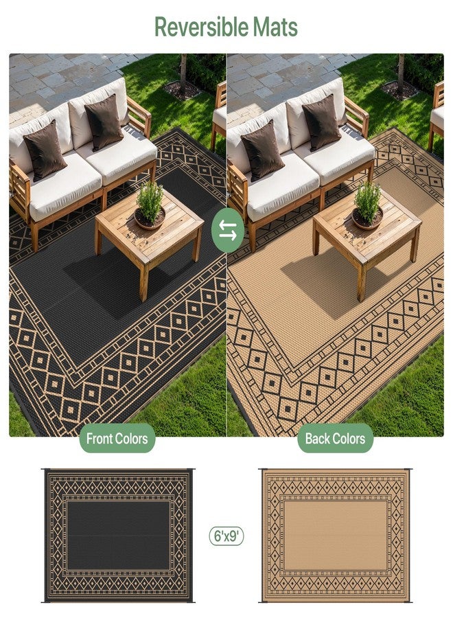 GENIMO سجادة خارجية مقاومة للماء من جينيمو، مقاس 6 × 9 أقدام، مناسبة للفناء، قابلة للطي والاستخدام على الوجهين، مصنوعة من قش بلاستيكي، مثالية للمقطورات السياحية، وسجادة خارجية مناسبة للعربات الترفيهية، والشرفات، والنزهات، والباحات، والمقطورات، والشواطئ، باللونين الأسود والبني. - Image 4