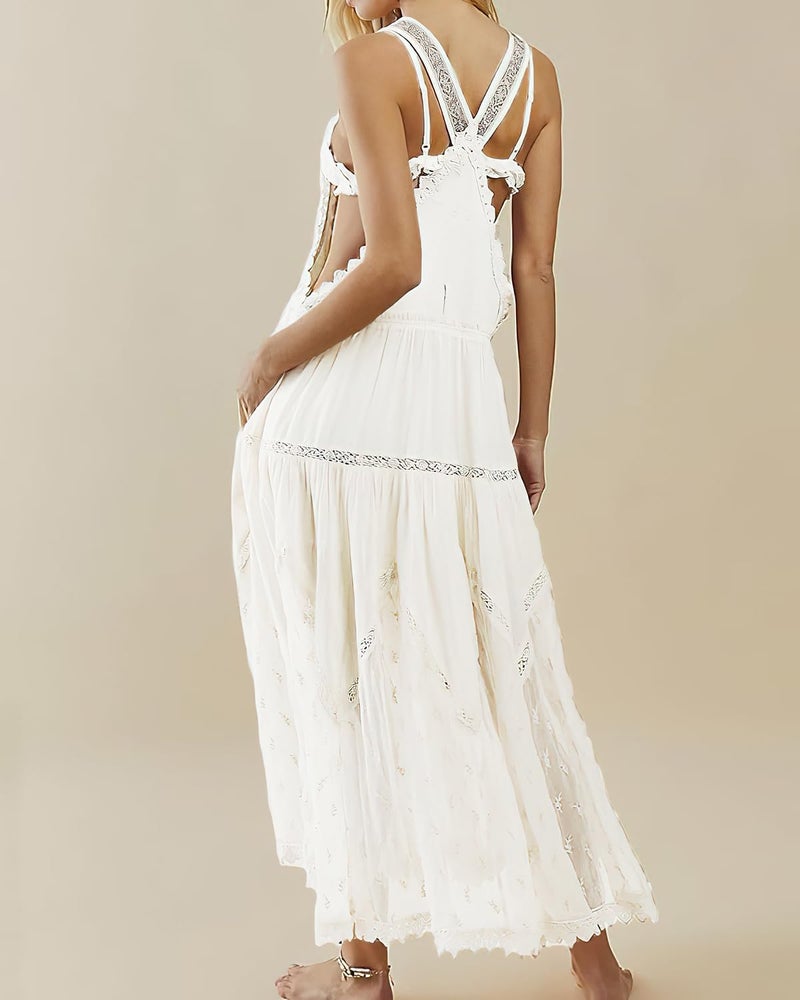 ebossy Women's Laced Embroidered Tulle Bib Dress Casual Loose Adjustable Straps Maxi Dress (M, White) - Image 2