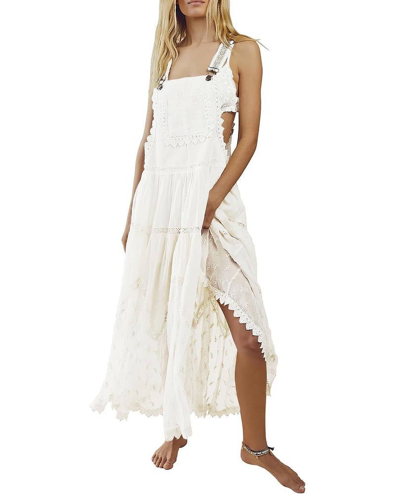 ebossy Women's Laced Embroidered Tulle Bib Dress Casual Loose Adjustable Straps Maxi Dress (M, White) - Image 1