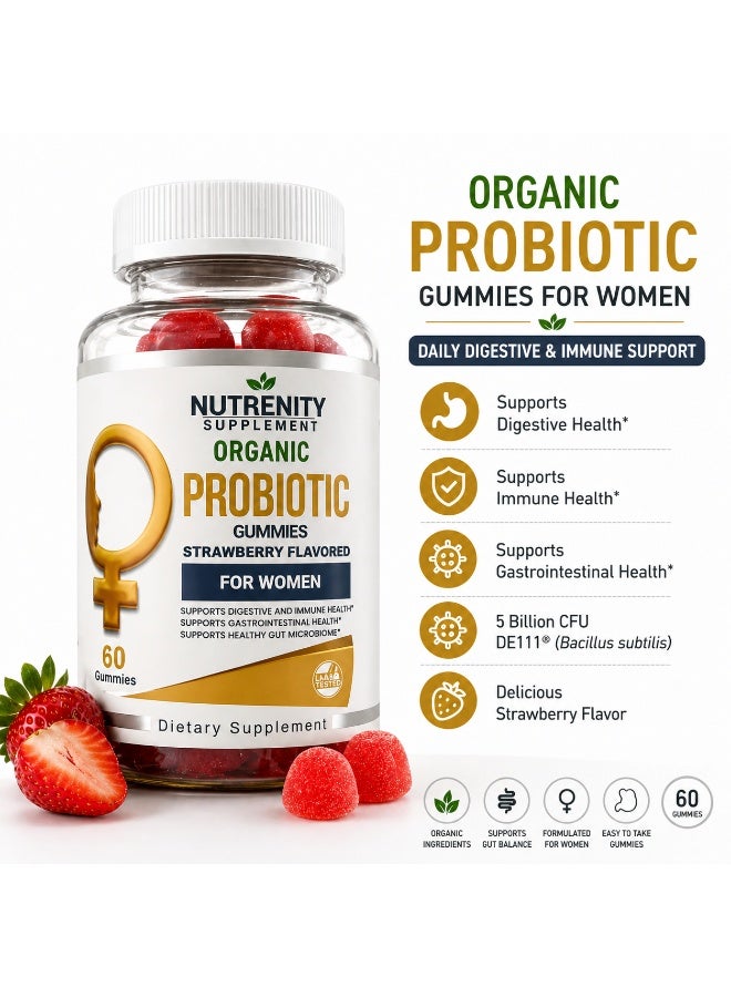 Nutrenity Organic Probiotic Gummies for Women – Strawberry Flavor – Digestive & Immune Support – 5 Billion CFU – 60 Gummies