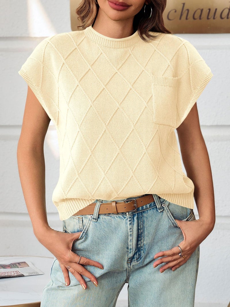 Saodimallsu Womens Summer Mock Neck Sweater Cap Short Sleeve Sweater Vest Casual Loose Knit Pullover Work Tank Tops Apricot - Image 3
