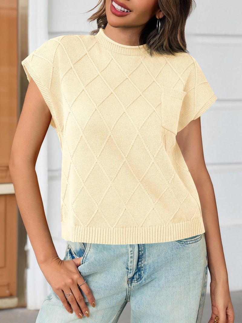 Saodimallsu Womens Summer Mock Neck Sweater Cap Short Sleeve Sweater Vest Casual Loose Knit Pullover Work Tank Tops Apricot - Image 4