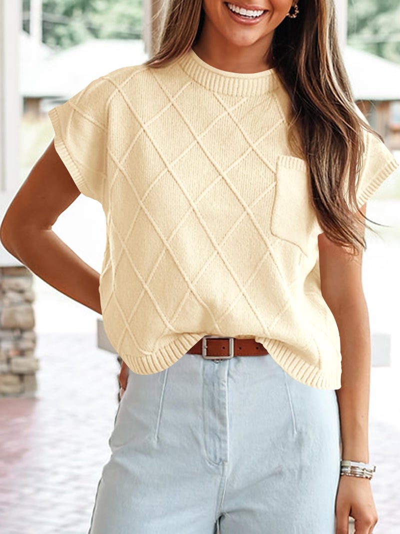 Saodimallsu Womens Summer Mock Neck Sweater Cap Short Sleeve Sweater Vest Casual Loose Knit Pullover Work Tank Tops Apricot - Image 2