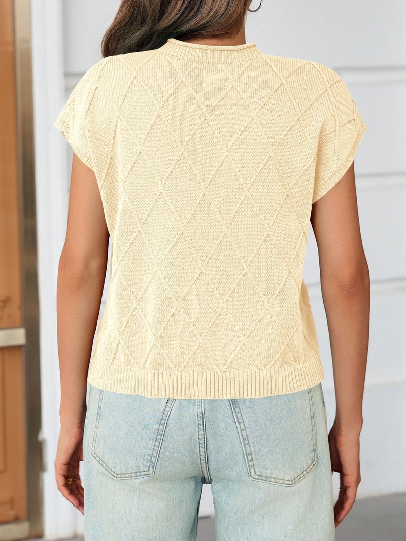 Saodimallsu Womens Summer Mock Neck Sweater Cap Short Sleeve Sweater Vest Casual Loose Knit Pullover Work Tank Tops Apricot - Image 5