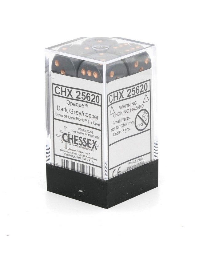 Chessex 16mm Opaque Dark Grey & Copper Polyhedral Dice Set - 12 D6 Dice For Dungeons & Dragons
